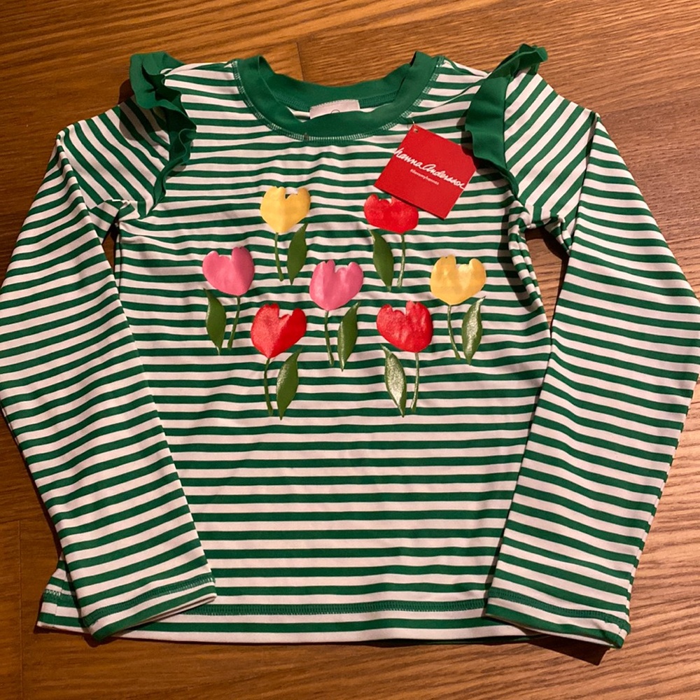 New Hanna Andersson Girl’s Long Sleeve Flower Stripe Rashguard Swim Top 140 10
